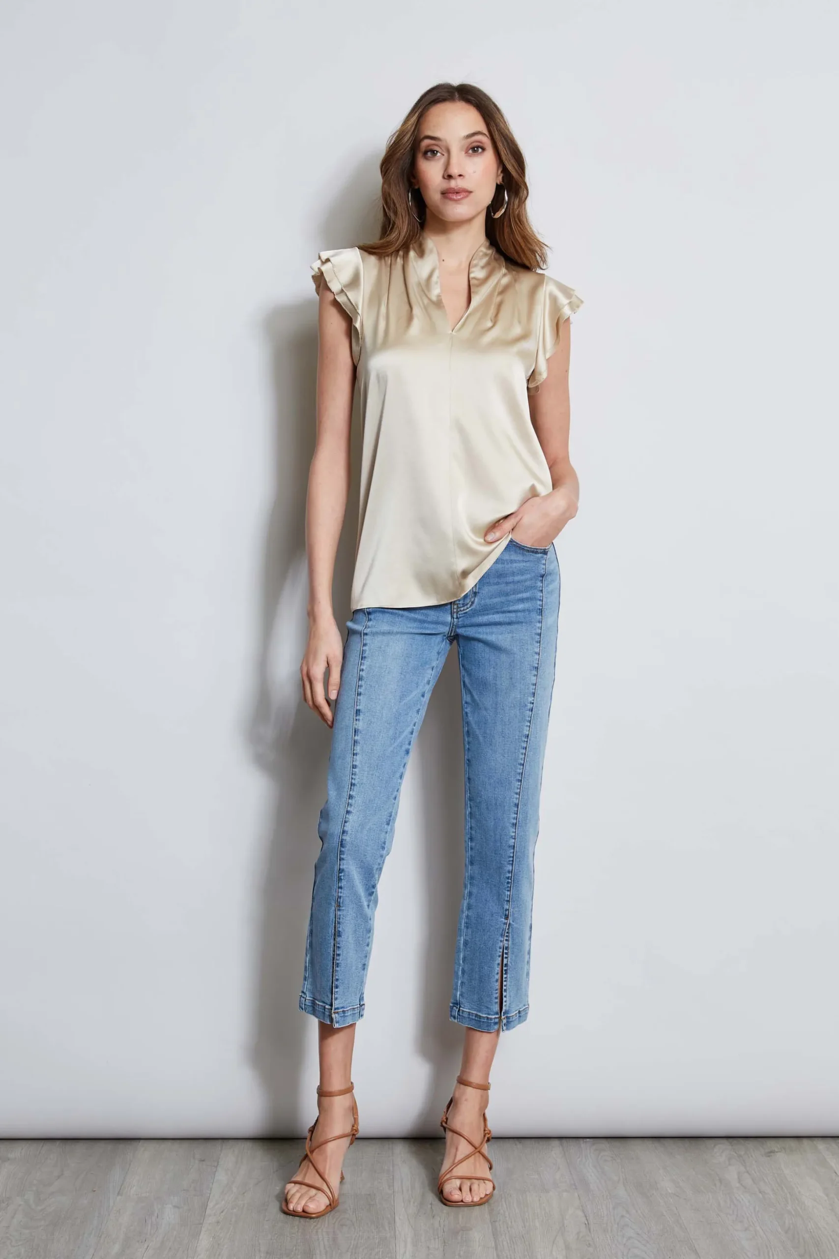 Elie Tahari Tops & Sweaters-Silk Satin Flutter Sleeve Shirt DRIFTWOOD