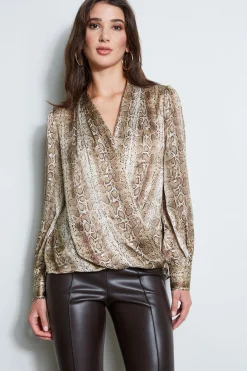 Elie Tahari Tops & Sweaters-Silk Satin Python Draped Shirt MULTI