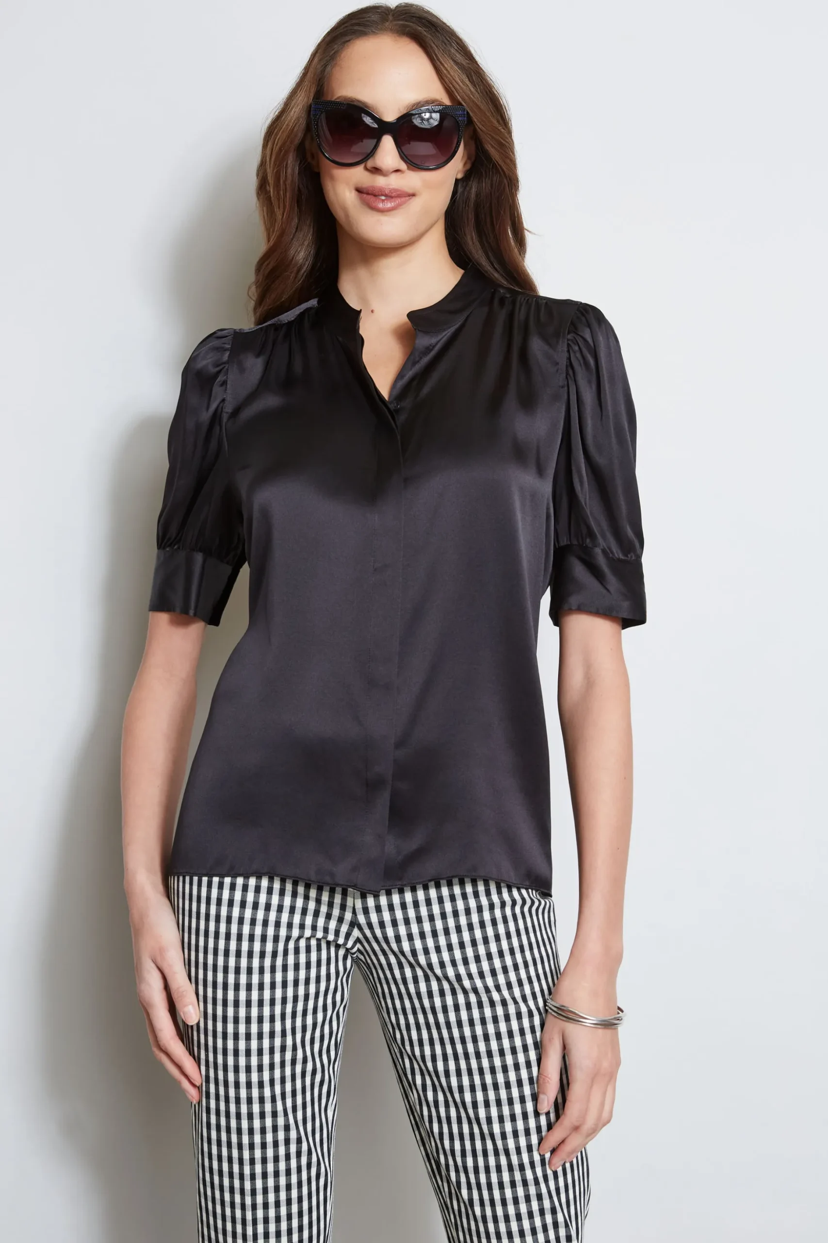 Elie Tahari Tops & Sweaters-Silk Satin Ruched Sleeve Shirt BLACK