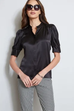 Elie Tahari Tops & Sweaters-Silk Satin Ruched Sleeve Shirt BLACK