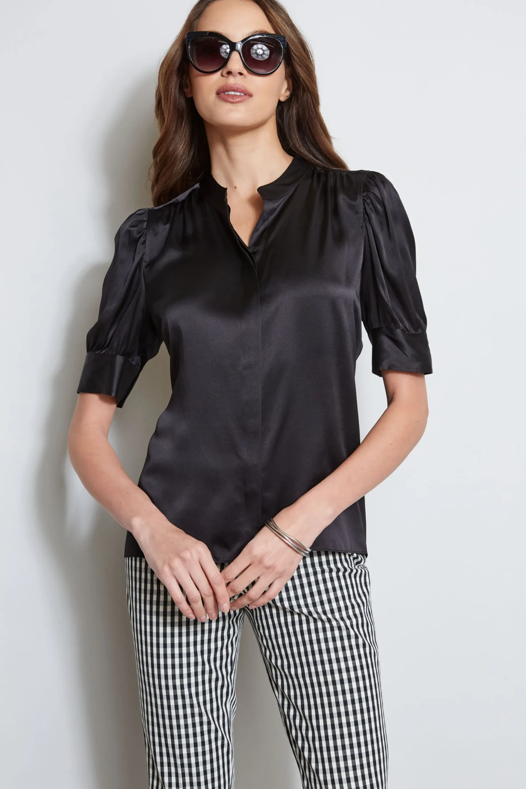 Elie Tahari Tops & Sweaters-Silk Satin Ruched Sleeve Shirt BLACK