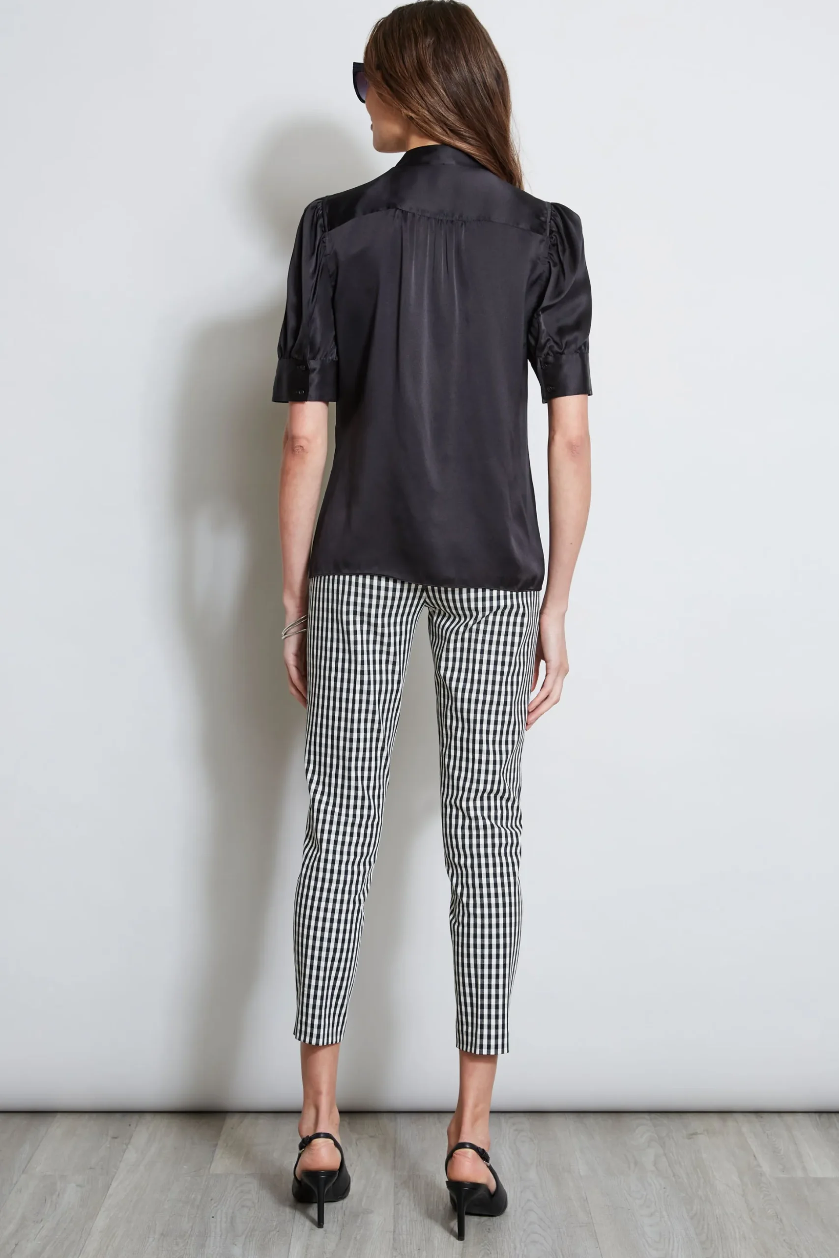 Elie Tahari Tops & Sweaters-Silk Satin Ruched Sleeve Shirt BLACK