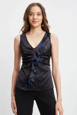 Elie Tahari Tops & Sweaters-Silk Satin Sleeveless Ruffle Top BLACK