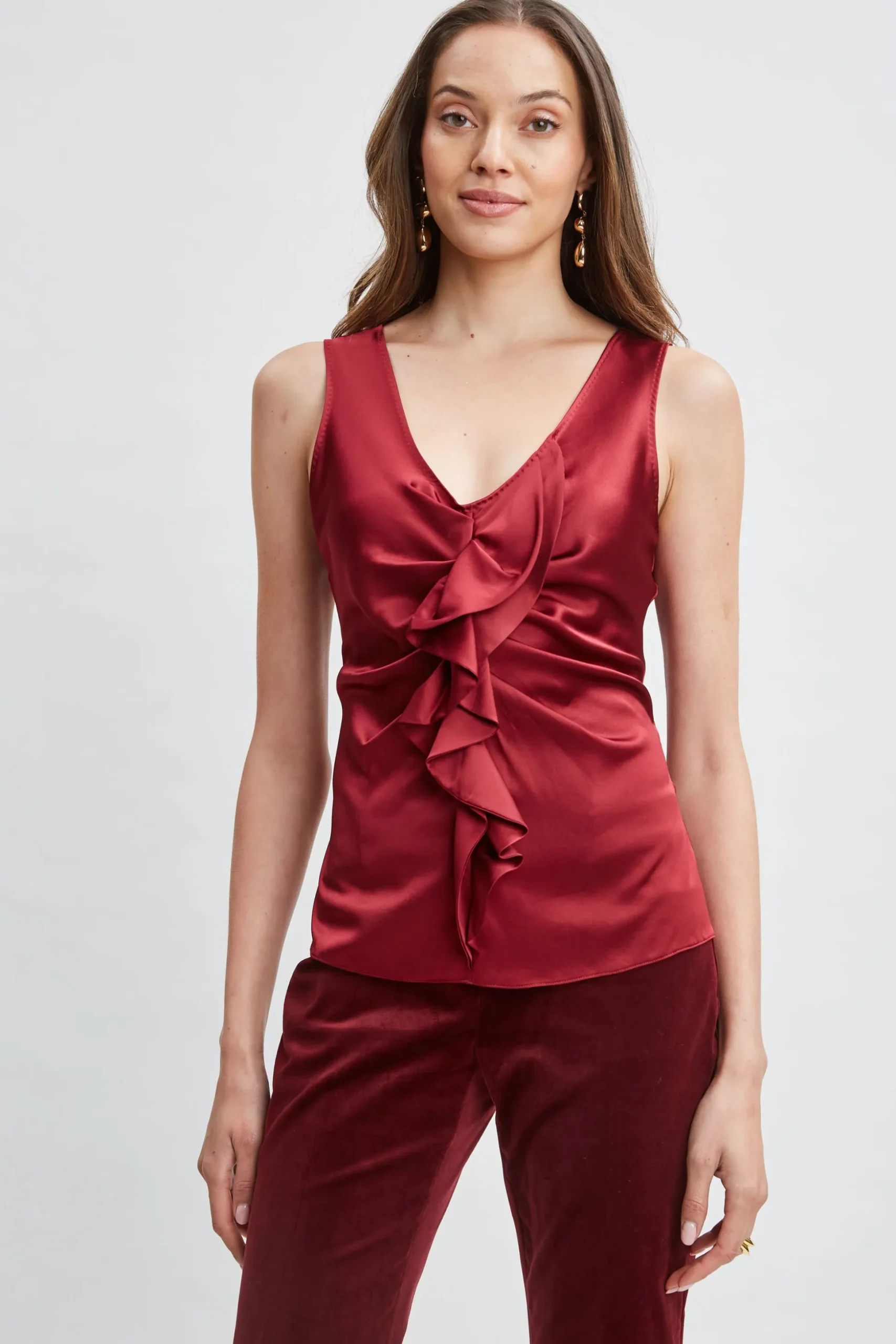 Elie Tahari Tops & Sweaters-Silk Satin Sleeveless Ruffle Top SANGRIA