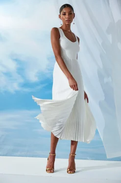 Elie Tahari Dresses & Jumpsuits|Sleeveless Dresses-Sleeveless Contour Pleated Midi Dress SkyWhite