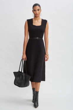 Elie Tahari Dresses & Jumpsuits|Sleeveless Dresses-Square Neck Belted Sweater Dress Noir