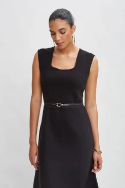 Elie Tahari Dresses & Jumpsuits|Sleeveless Dresses-Square Neck Belted Sweater Dress Noir