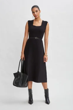 Elie Tahari Dresses & Jumpsuits|Sleeveless Dresses-Square Neck Belted Sweater Dress Noir