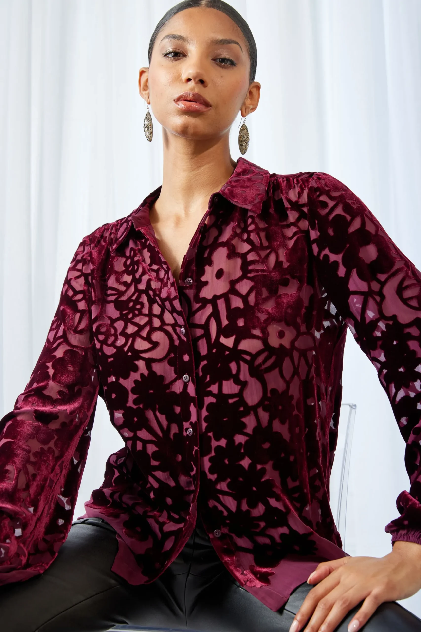 Elie Tahari Tops & Sweaters-Stencil Burnout Velvet Shirt BORDEAUX