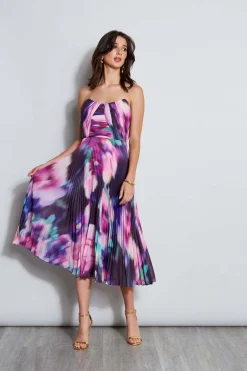 Elie Tahari Dresses & Jumpsuits|Sleeveless Dresses-Strapless Pleated Print Midi Dress MULTI
