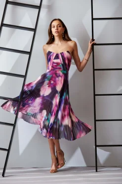 Elie Tahari Dresses & Jumpsuits|Sleeveless Dresses-Strapless Pleated Print Midi Dress MULTI