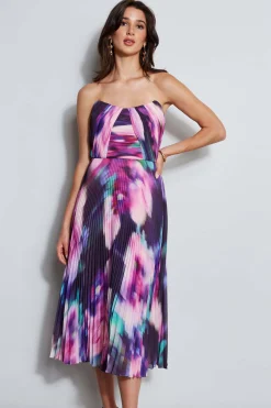 Elie Tahari Dresses & Jumpsuits|Sleeveless Dresses-Strapless Pleated Print Midi Dress MULTI