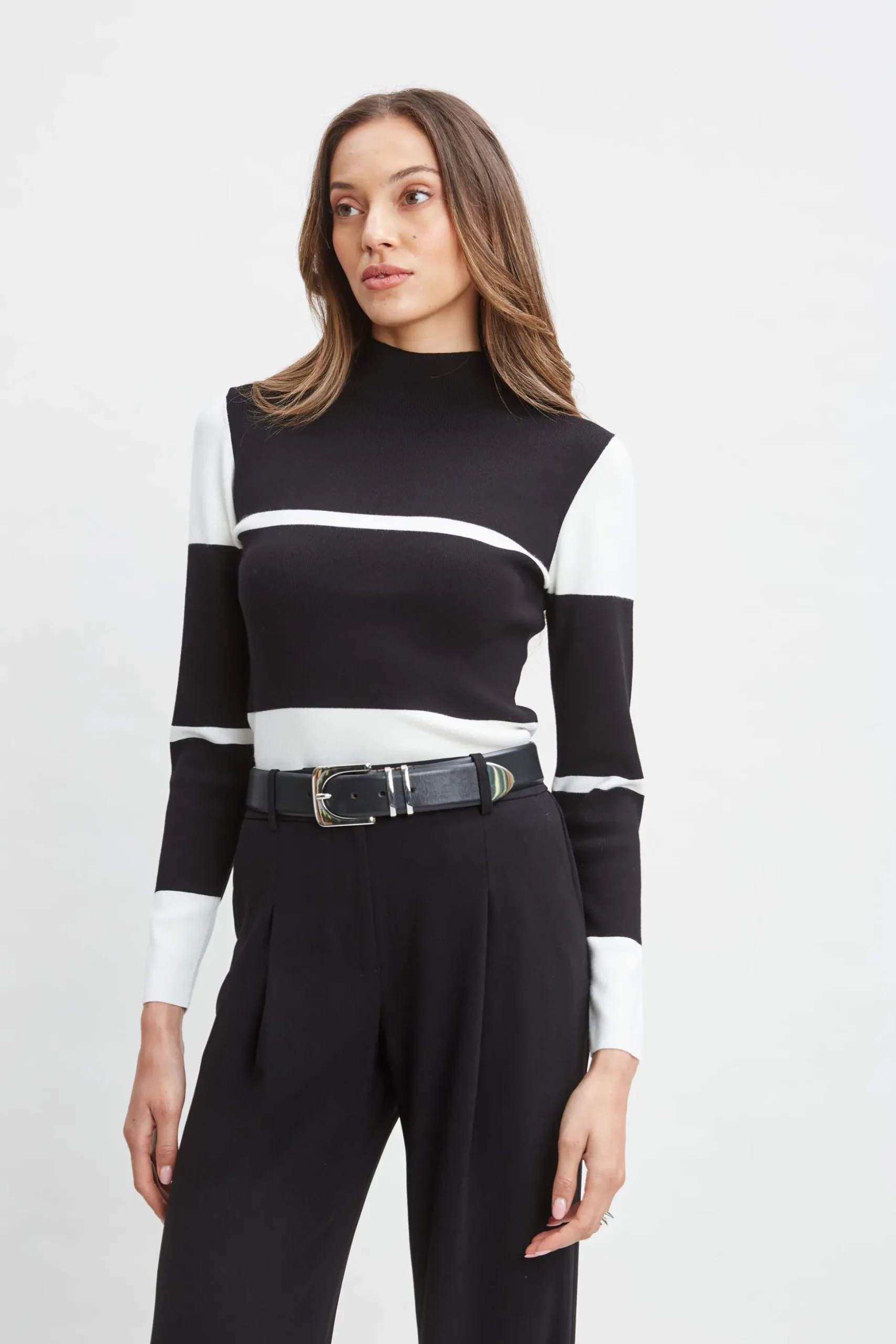 Elie Tahari Tops & Sweaters-Stripe Mock Neck Sweater Noir/SkyWhite