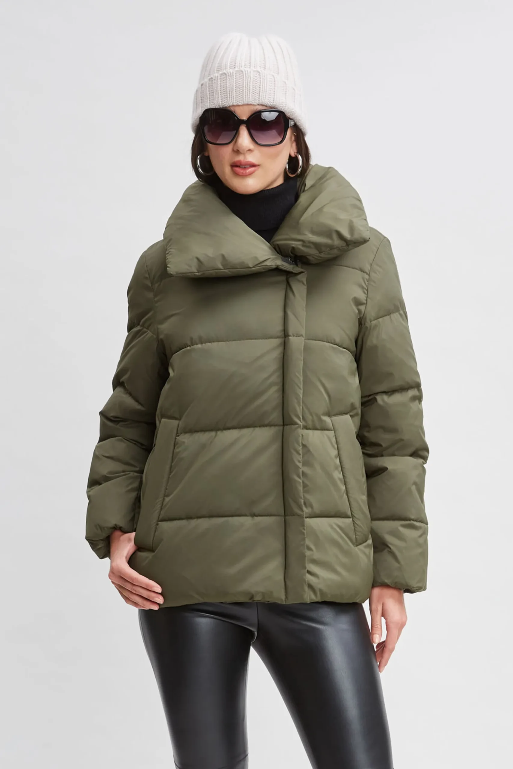 Elie Tahari Coats-Tahari Asymmetric Short Puffer Coat Olive