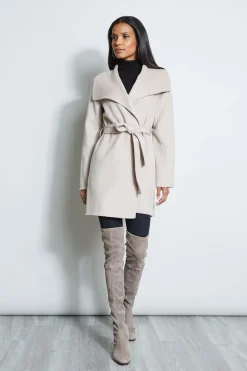 Elie Tahari Coats-Tahari Double Face Lightweight Wool Wrap Coat SoftAlmond