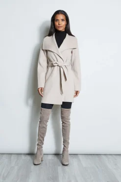 Elie Tahari Coats-Tahari Double Face Lightweight Wool Wrap Coat SoftAlmond