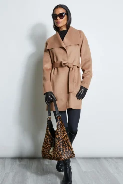 Elie Tahari Coats-Tahari Double Face Lightweight Wool Wrap Coat Camel