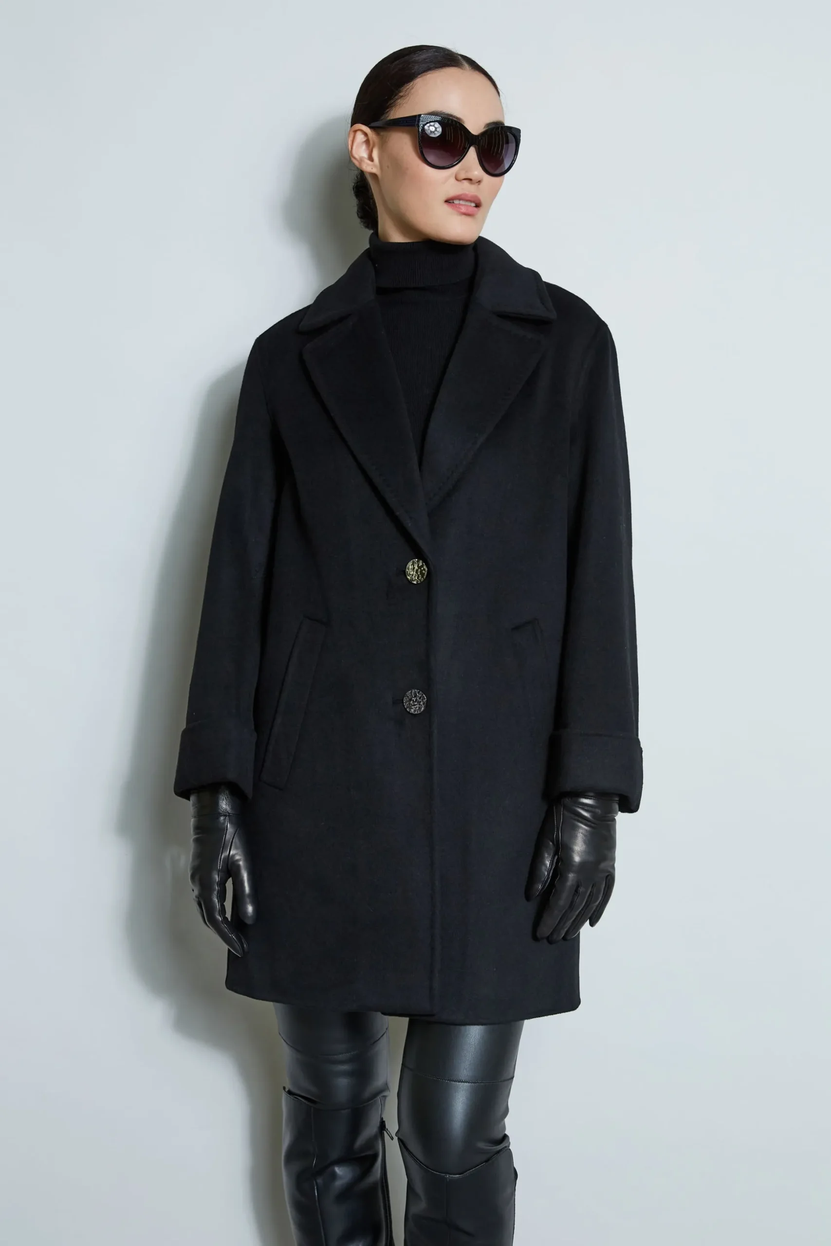 Elie Tahari Coats-Tahari Double Face Wool Blend Two Button Coat BLACK