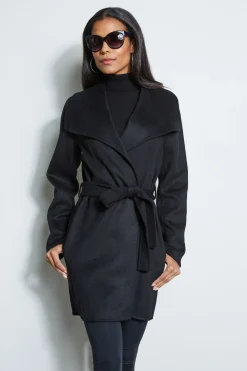 Elie Tahari Coats-Tahari Double Face Wool Lightweight Wrap Coat BLACK