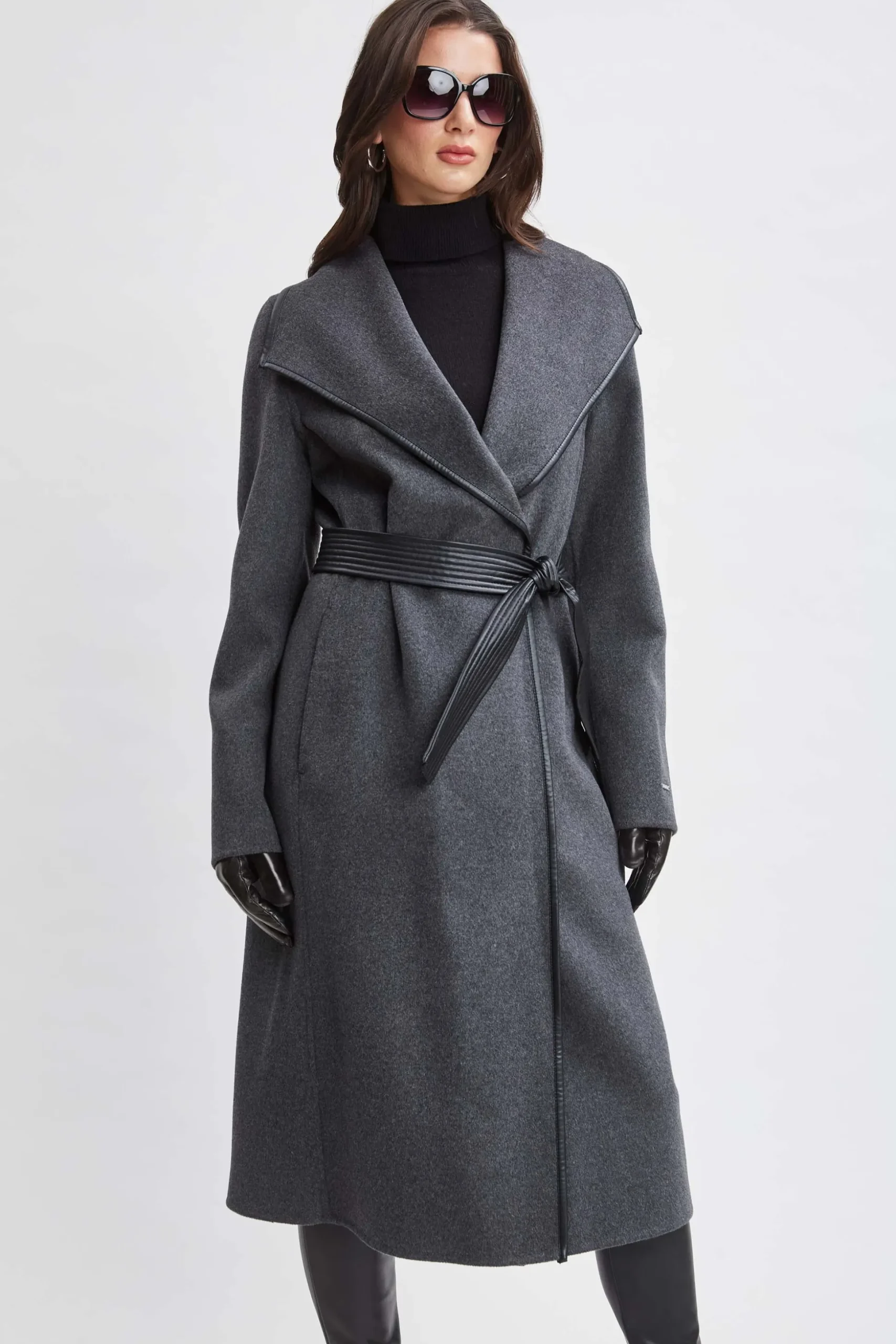 Elie Tahari Coats-Tahari Double Face Wool Vegan Leather Trim Coat CHARCOAL