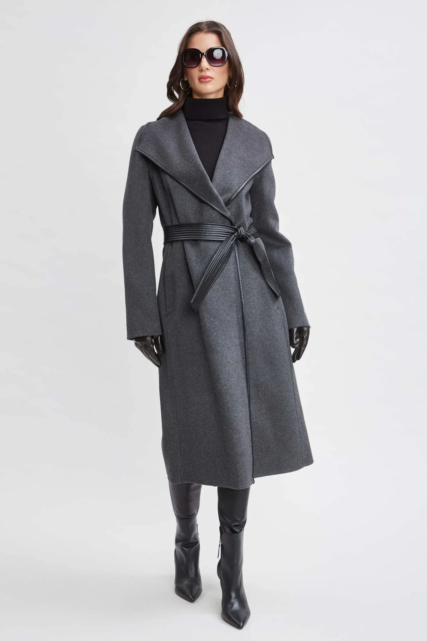 Elie Tahari Coats-Tahari Double Face Wool Vegan Leather Trim Coat CHARCOAL