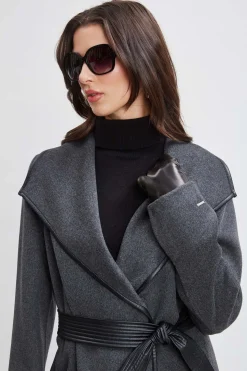 Elie Tahari Coats-Tahari Double Face Wool Vegan Leather Trim Coat CHARCOAL