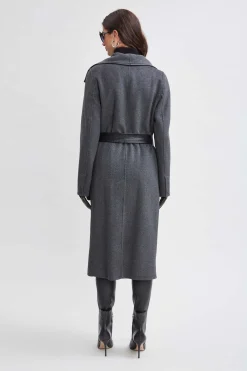 Elie Tahari Coats-Tahari Double Face Wool Vegan Leather Trim Coat CHARCOAL