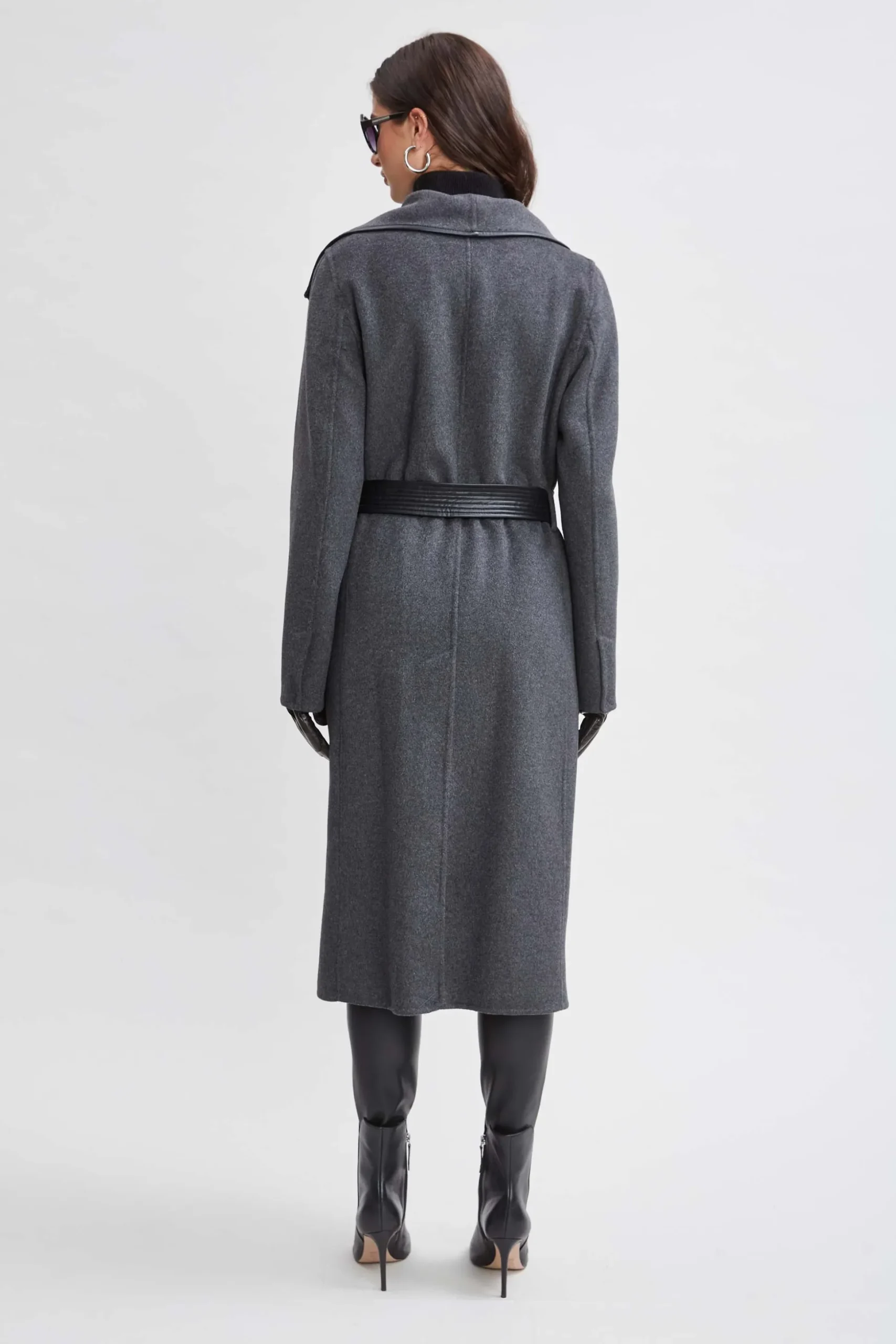 Elie Tahari Coats-Tahari Double Face Wool Vegan Leather Trim Coat CHARCOAL