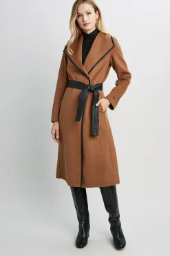 Elie Tahari Coats-Tahari Double Face Wool Vegan Leather Trim Coat Caramel