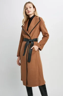 Elie Tahari Coats-Tahari Double Face Wool Vegan Leather Trim Coat Caramel