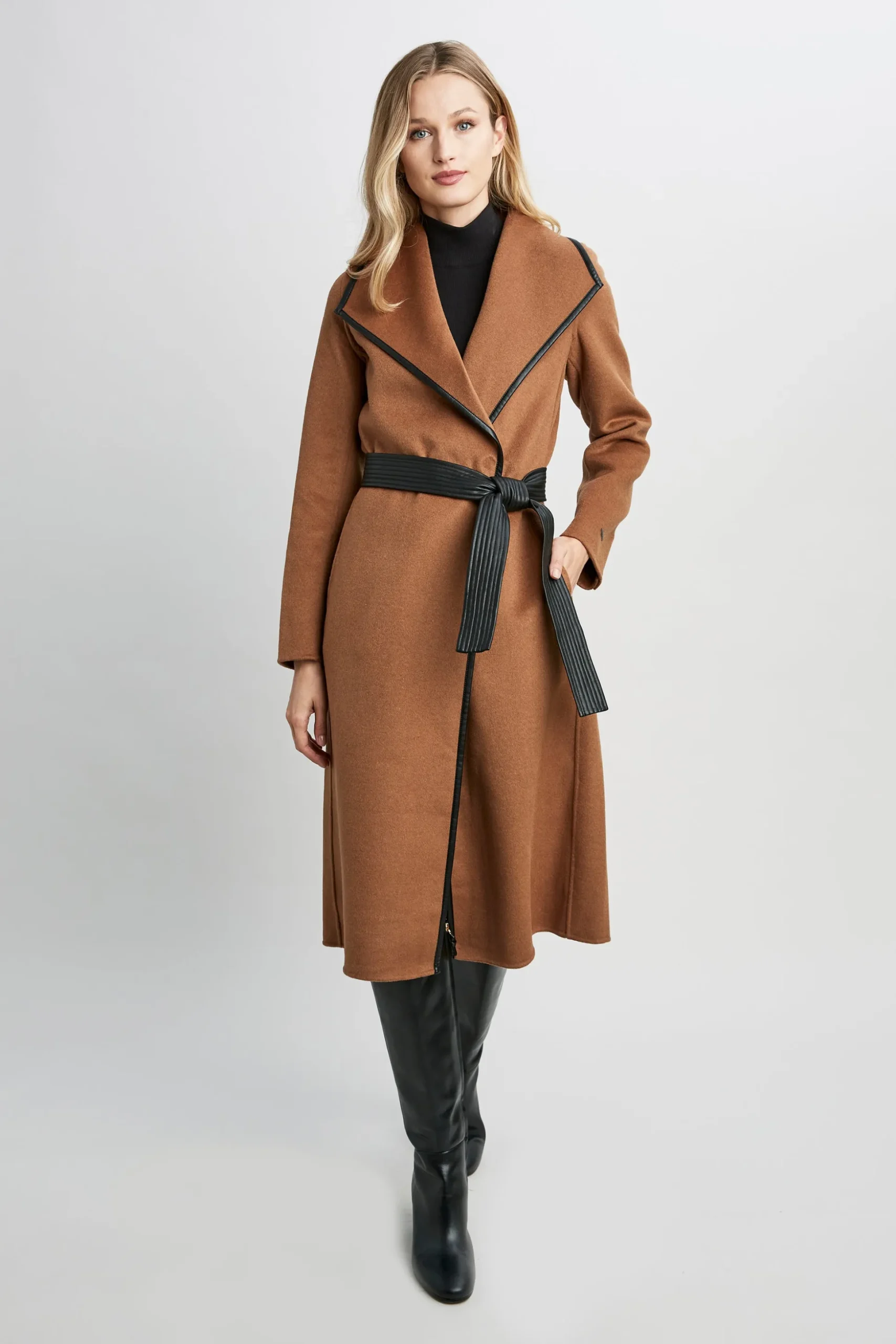 Elie Tahari Coats-Tahari Double Face Wool Vegan Leather Trim Coat Caramel