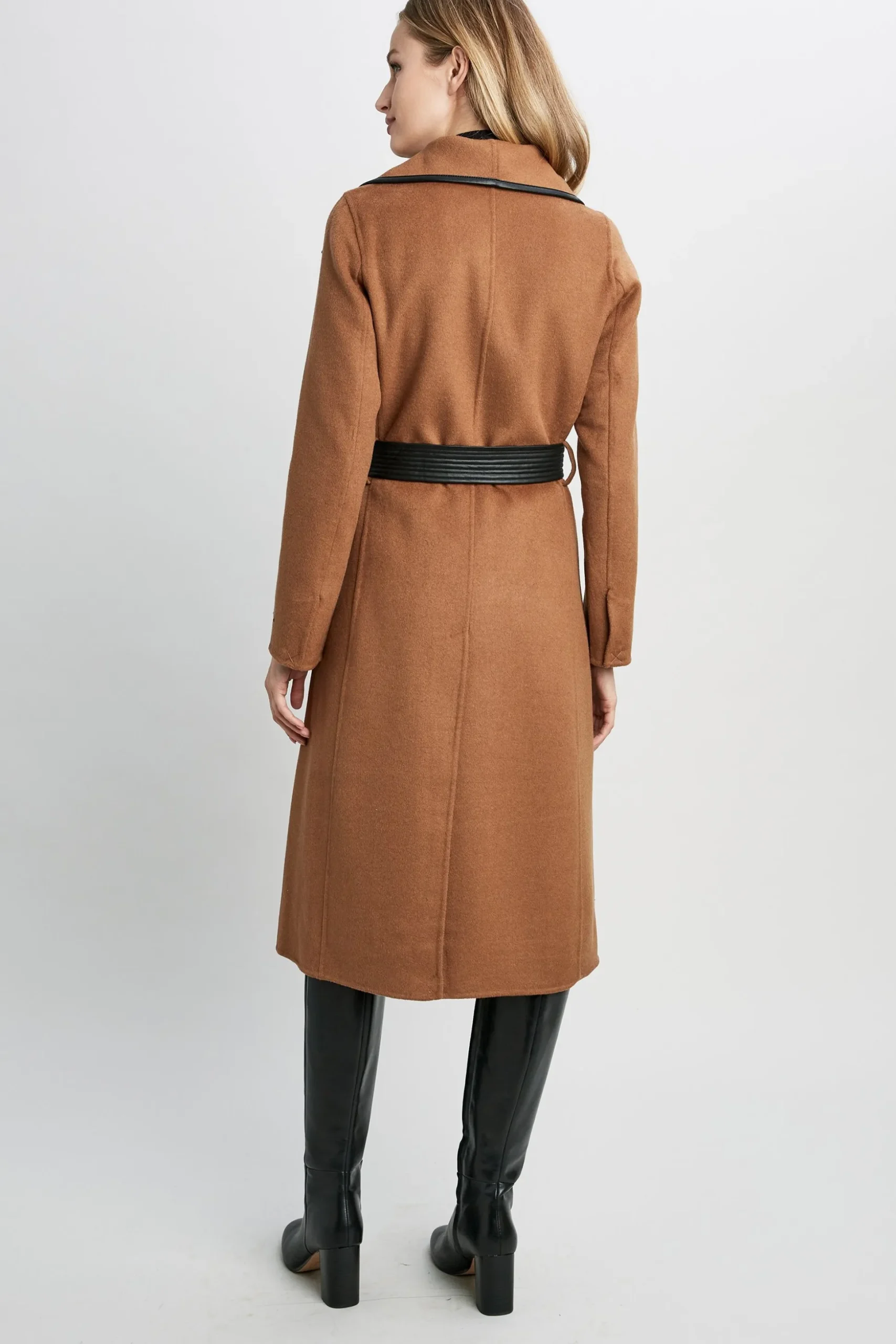 Elie Tahari Coats-Tahari Double Face Wool Vegan Leather Trim Coat Caramel