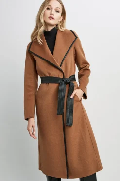 Elie Tahari Coats-Tahari Double Face Wool Vegan Leather Trim Coat Caramel