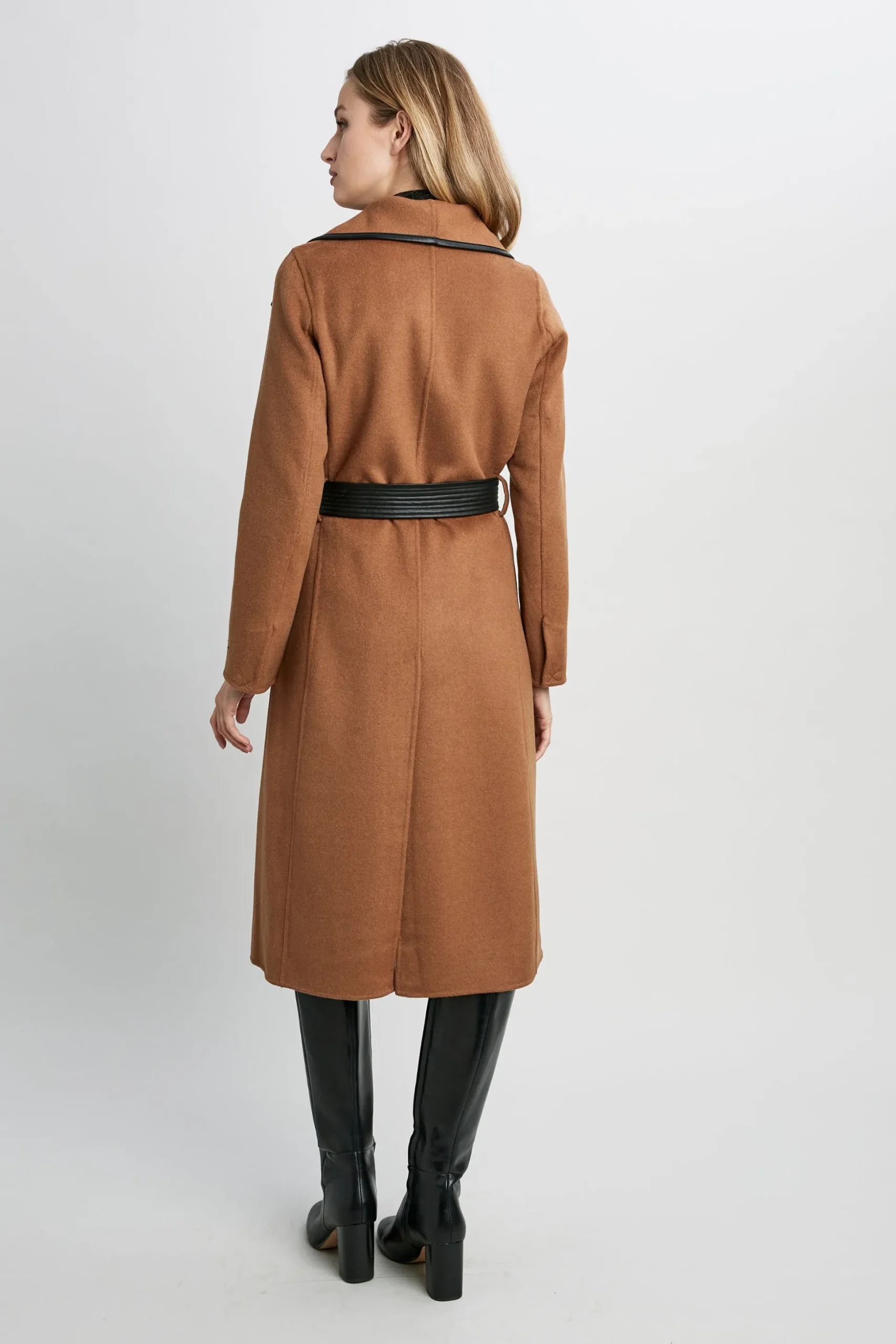 Elie Tahari Coats-Tahari Double Face Wool Vegan Leather Trim Coat Caramel