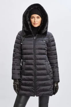 Elie Tahari Coats-Tahari Faux Fur Collar Puffer Coat BLACK