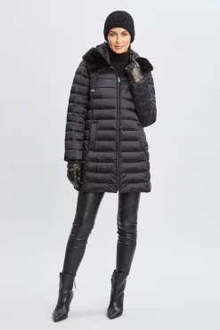 Elie Tahari Coats-Tahari Faux Fur Collar Puffer Coat BLACK