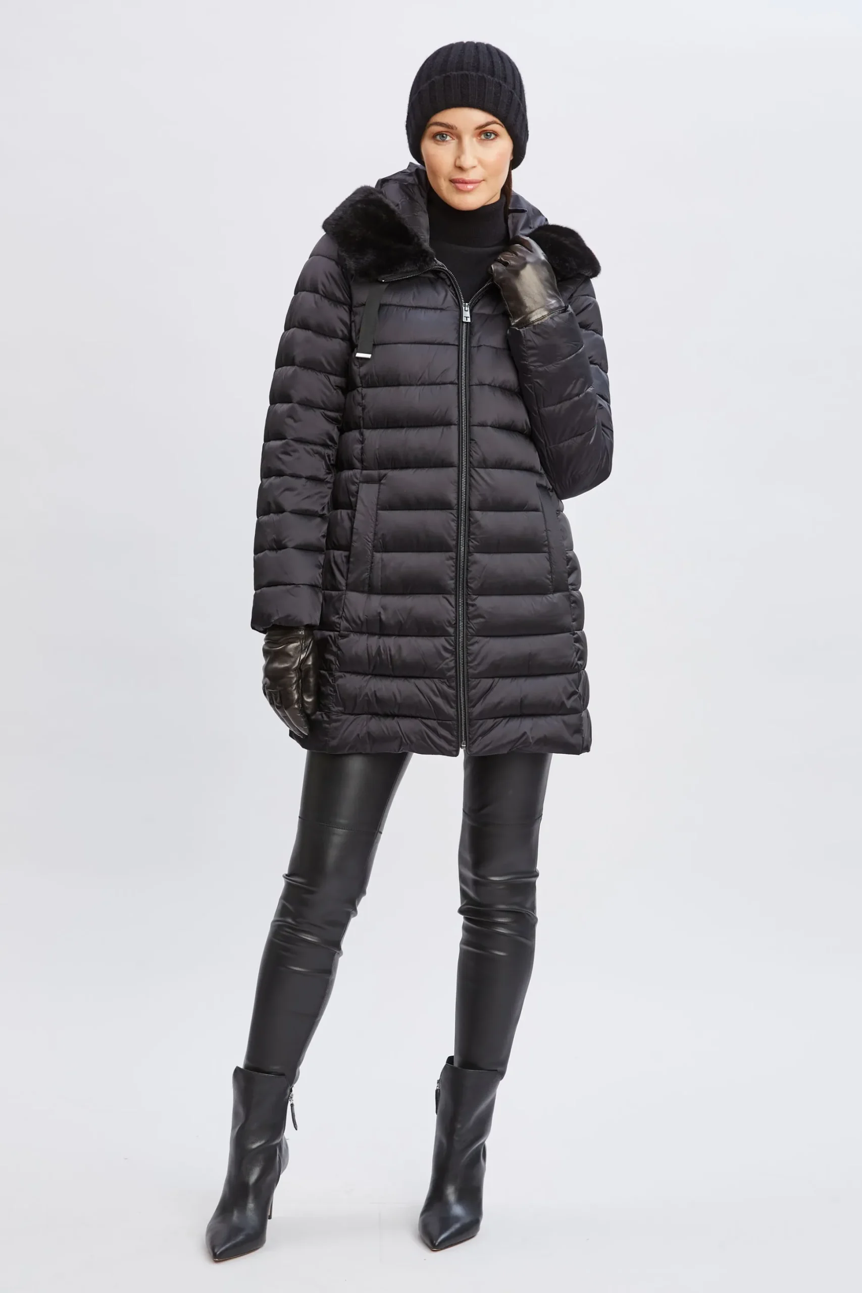 Elie Tahari Coats-Tahari Faux Fur Collar Puffer Coat BLACK