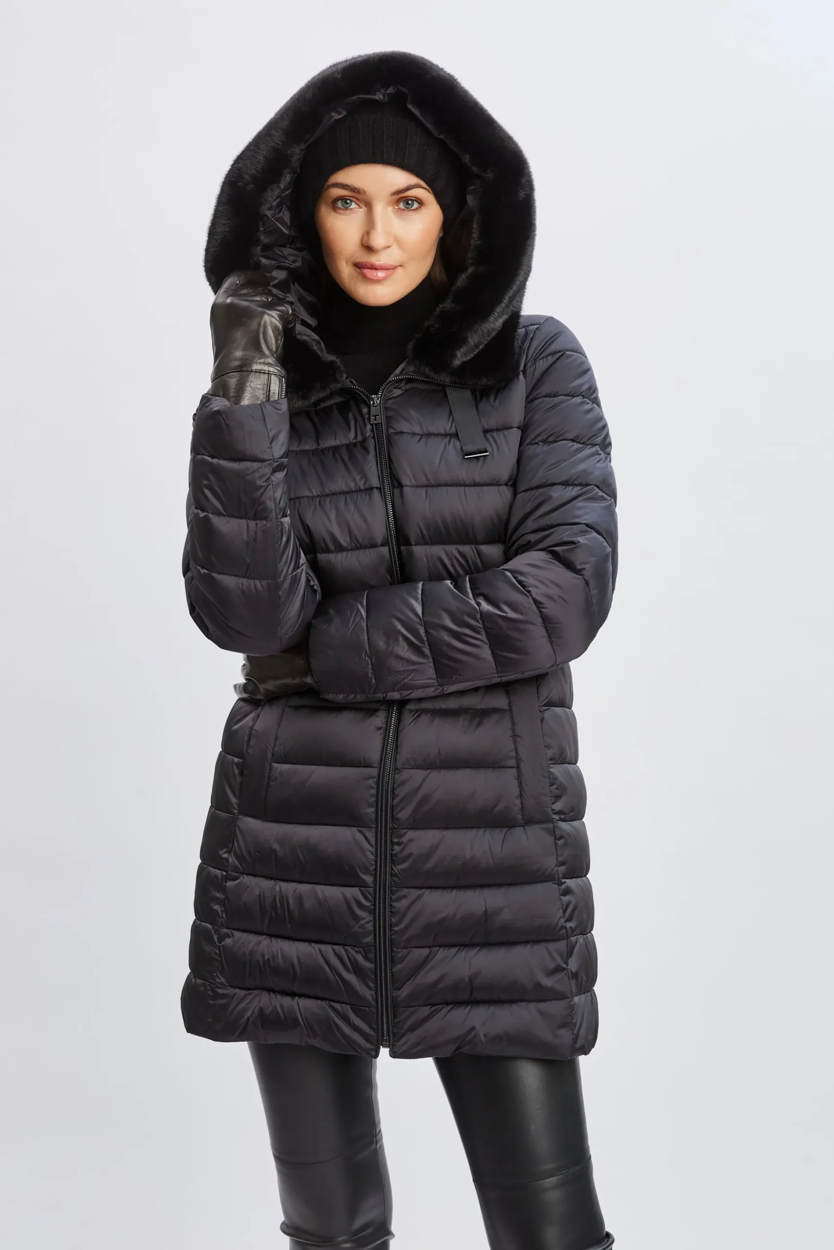 Elie Tahari Coats-Tahari Faux Fur Collar Puffer Coat BLACK