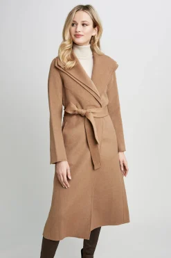 Elie Tahari Coats-Tahari Long Double Face Wool Blend Wrap Coat Camel