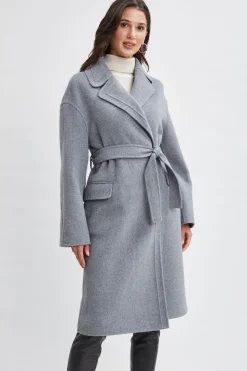 Elie Tahari Coats-Tahari Long Double Face Wool Blend Stitched Wrap Coat Ash