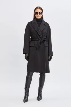 Elie Tahari Coats-Tahari Long Double Face Wool Blend Stitched Wrap Coat BLACK