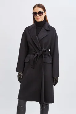 Elie Tahari Coats-Tahari Long Double Face Wool Blend Stitched Wrap Coat BLACK