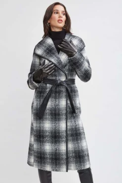 Elie Tahari Coats-Tahari Plaid Vegan Trim Wrap Coat BlackWhite