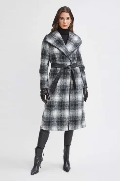 Elie Tahari Coats-Tahari Plaid Vegan Trim Wrap Coat BlackWhite