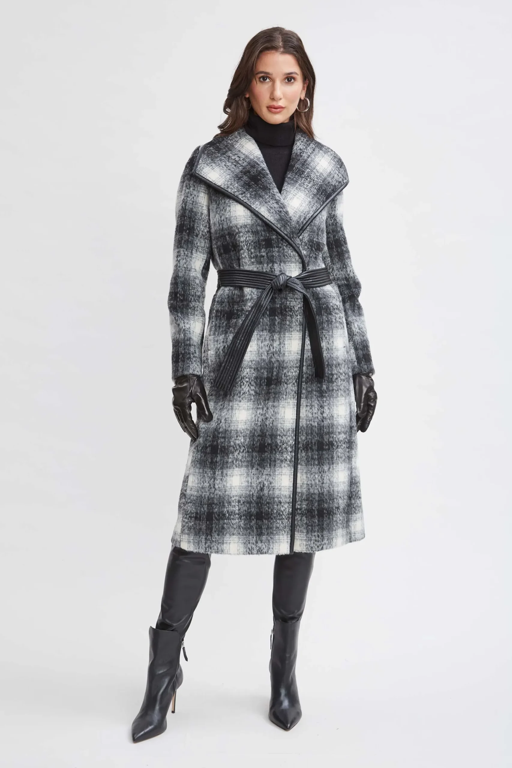 Elie Tahari Coats-Tahari Plaid Vegan Trim Wrap Coat BlackWhite