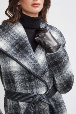 Elie Tahari Coats-Tahari Plaid Vegan Trim Wrap Coat BlackWhite