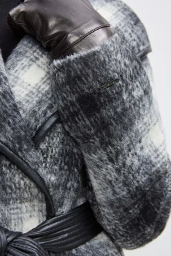 Elie Tahari Coats-Tahari Plaid Vegan Trim Wrap Coat BlackWhite
