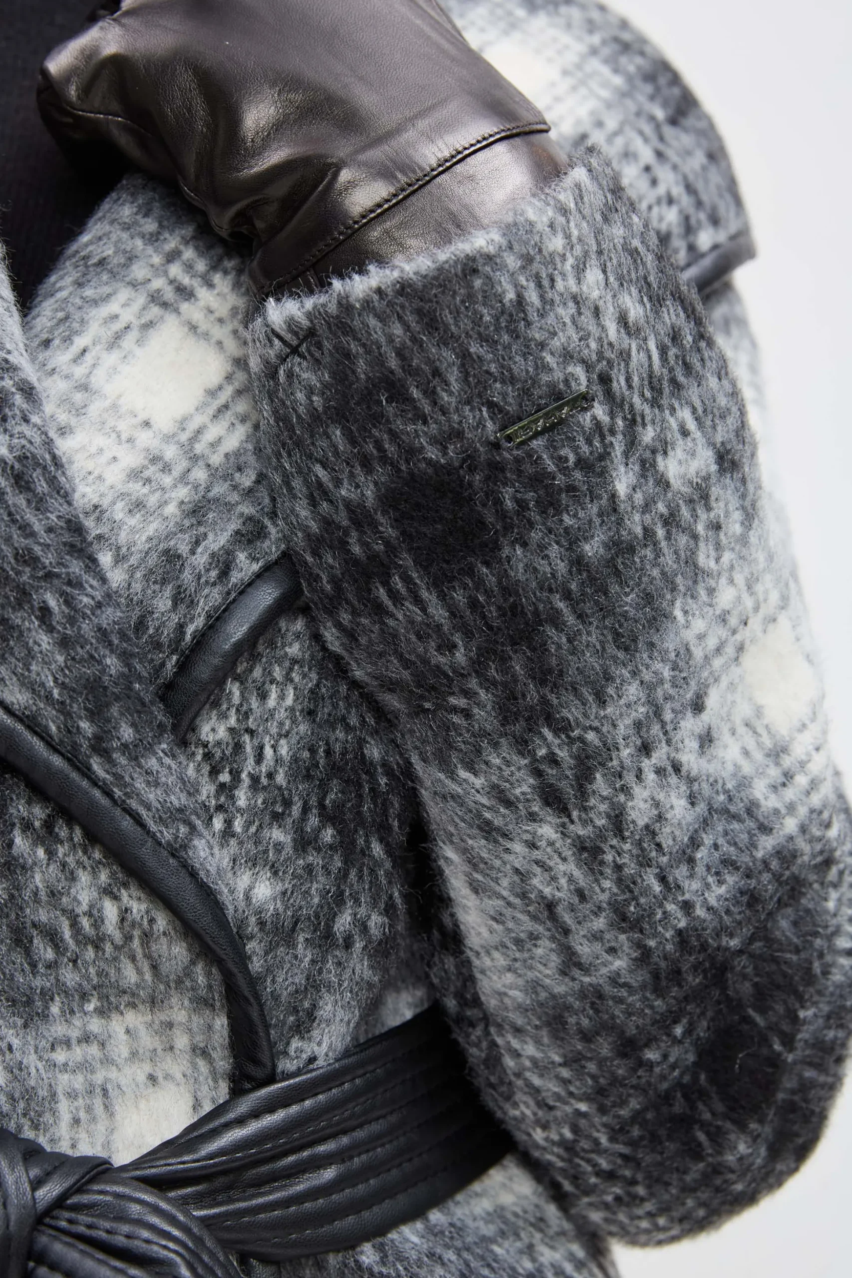 Elie Tahari Coats-Tahari Plaid Vegan Trim Wrap Coat BlackWhite