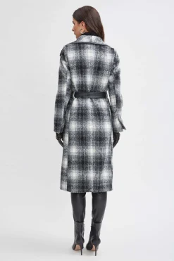 Elie Tahari Coats-Tahari Plaid Vegan Trim Wrap Coat BlackWhite