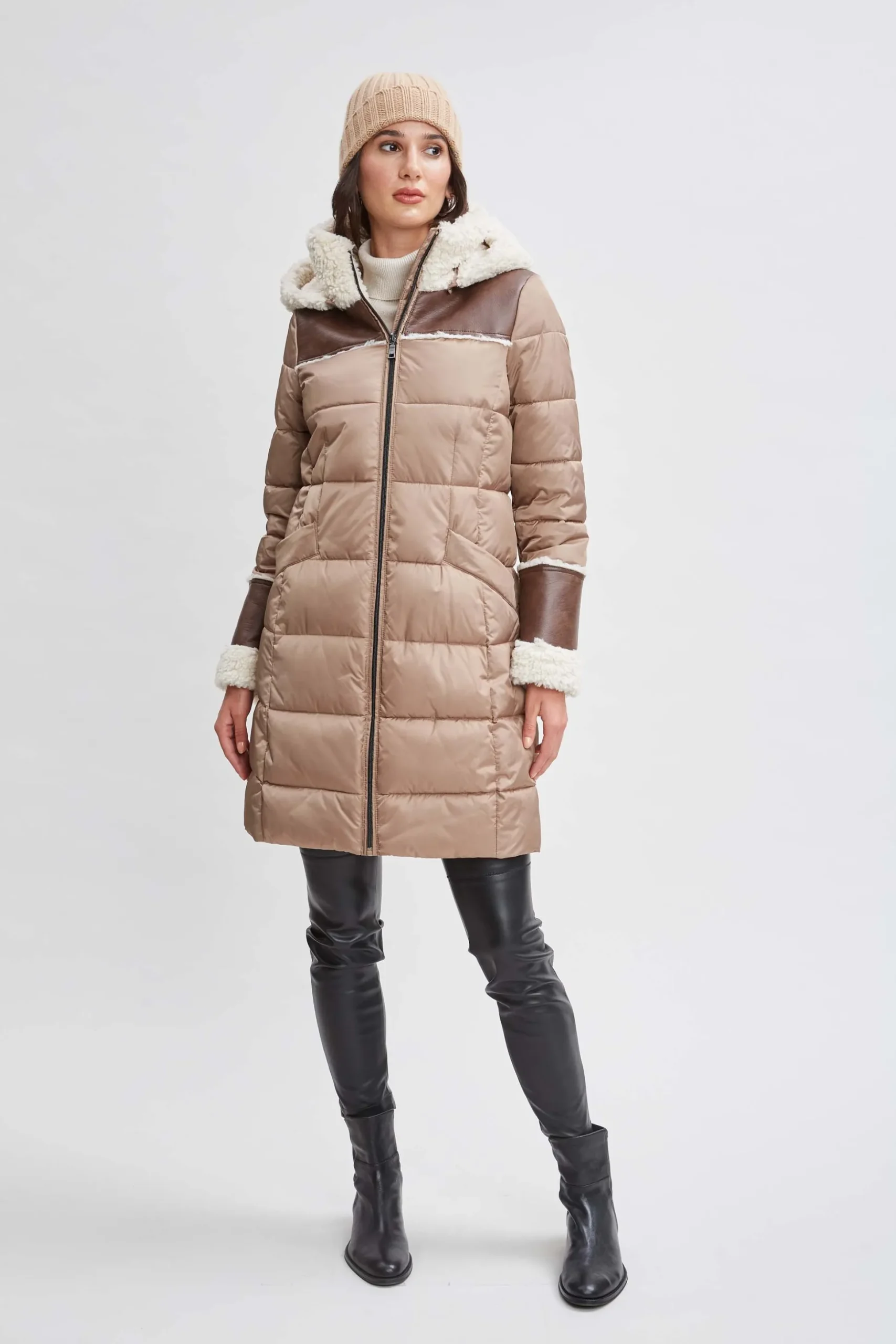 Elie Tahari Coats-Tahari Shearling Trim Puffer Coat Taupe